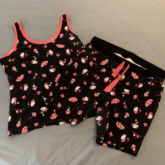 Disney Other - Disney Minnie Mouse Pajama Set Womens 2 Black Pink Tank Top Shorts Sleepwear
